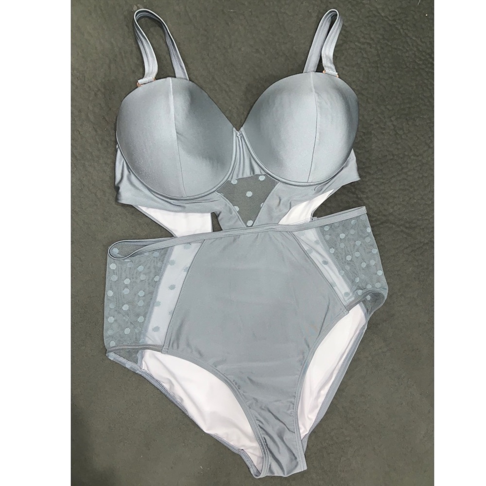 Swimsuits For All grey polka dot mesh bathing suit